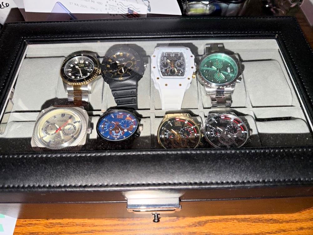 Black Faux Leather Glass Top Watch Display Case Box Holds 8-12 Watches