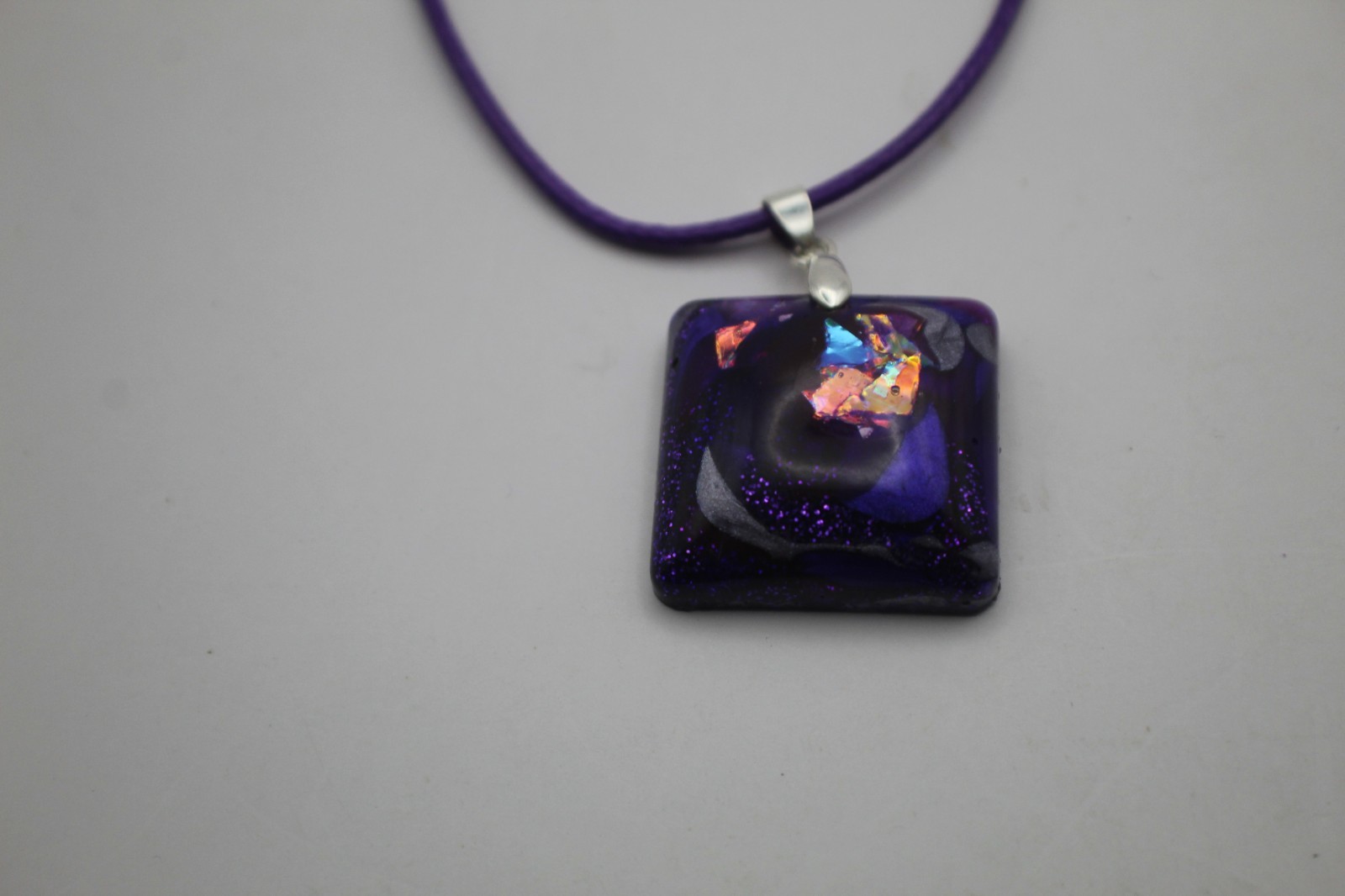 50 Shades Of Purple Beautiful Square Shaped Resin Pendant On A Cord