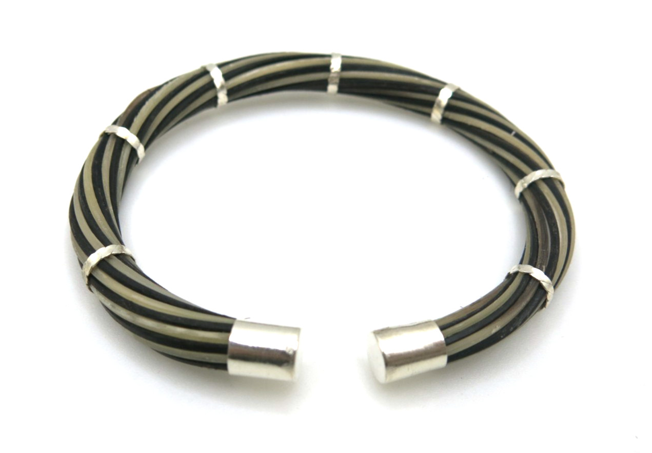 Black and white Elephant Hair Tail Inspired 925 Silver Bangle Bracelet Handmade