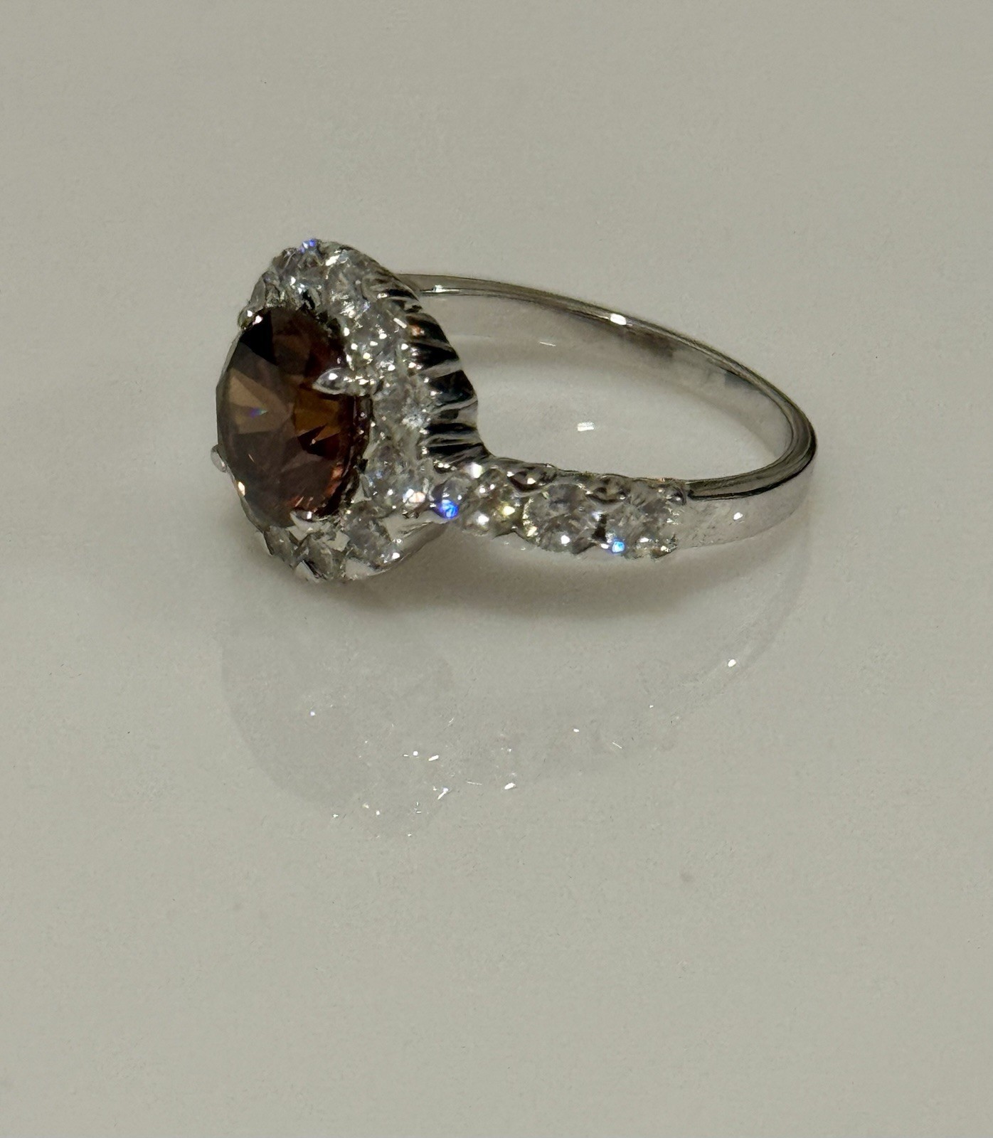 Cognac Brown/red Zircon Ring Size With Cz Accent Stones Sterling Silver Rhodium