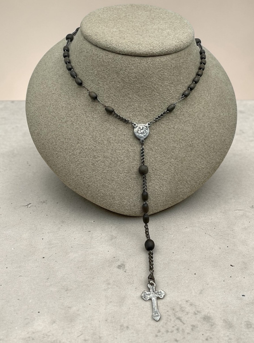 VTG Dark Wood beaded Rosary Crucifix silver tone Religious