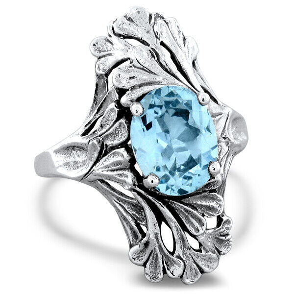 3 Ct GENUINE BLUE TOPAZ ART NOUVEAU STYLE 925 STERLING SILVER RING 915Z