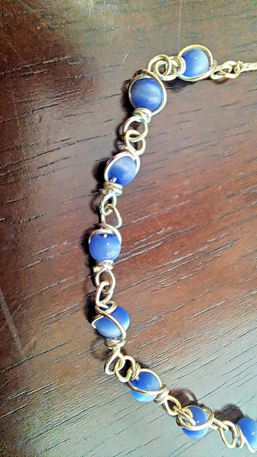Handcrafted Wire Wrapped Periwinkle Blue Cats Eye Glass Bead Anklet Chain 9.5″