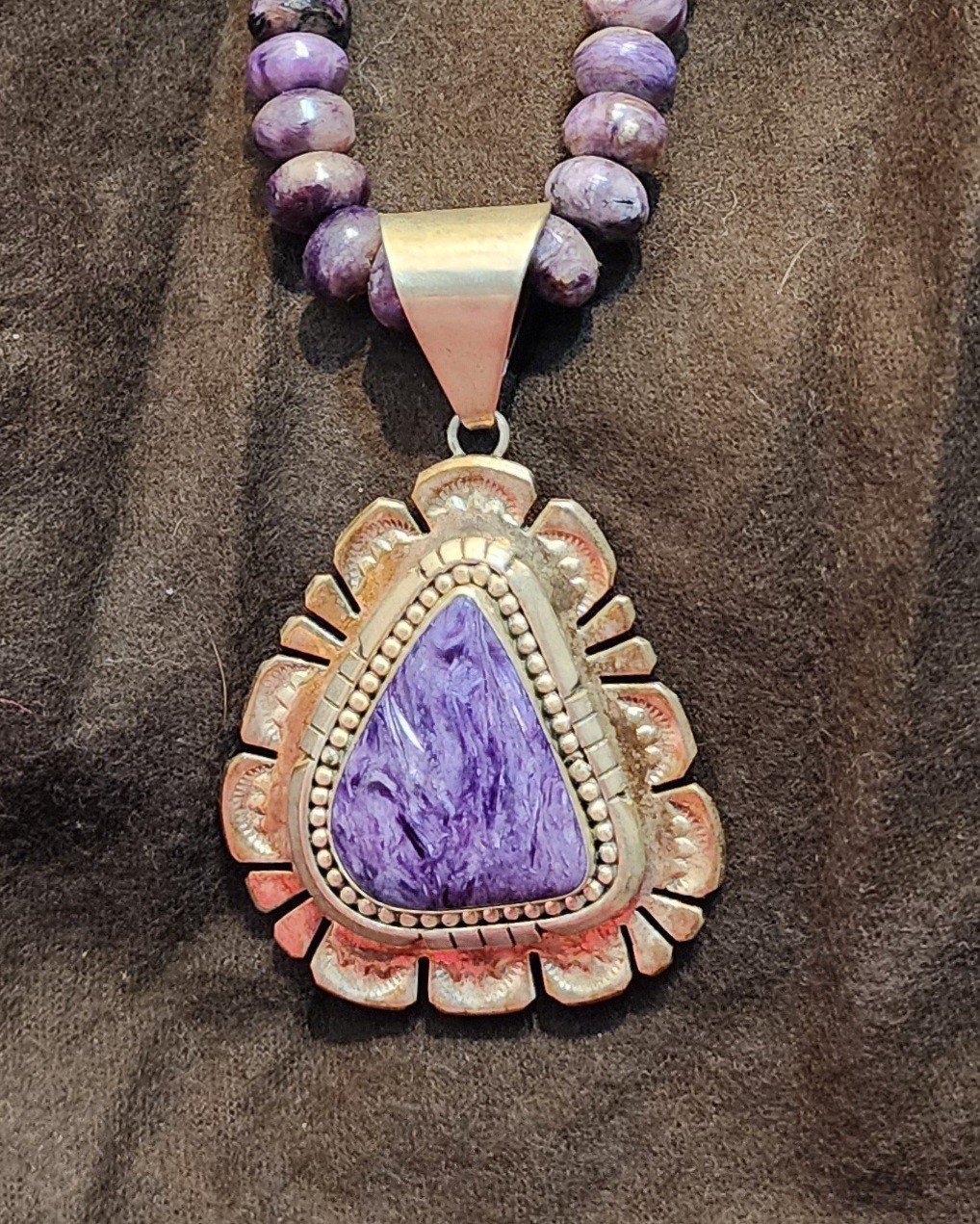Handmade Navajo Sterling NAVAJO Silver and Charoite Pendent & Necklace L BEGAY