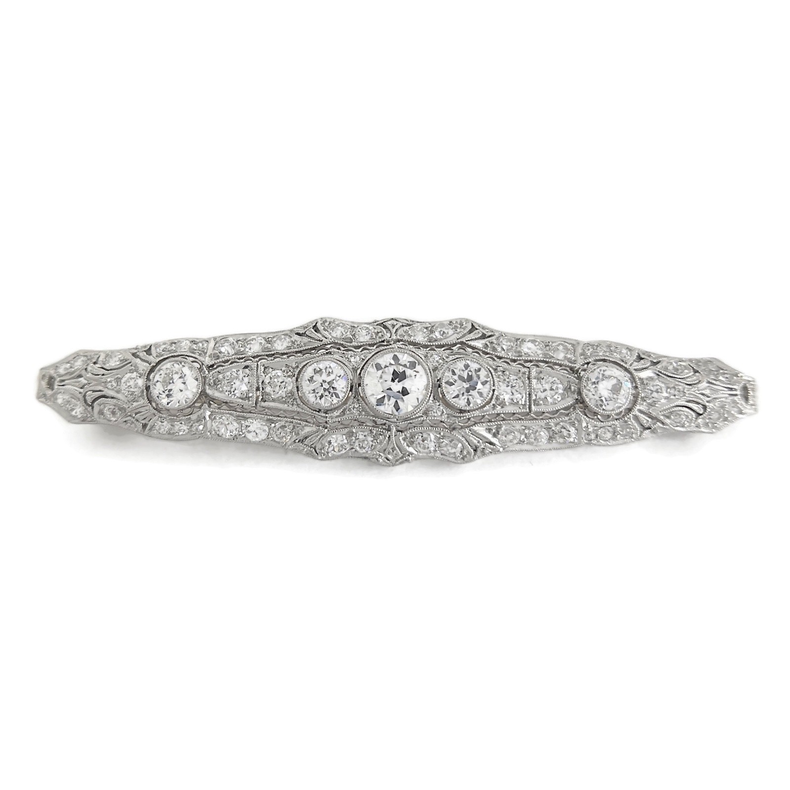 Antique Edwardian Long Filigree Diamond Brooch Pin Platinum, 10.23 Grams