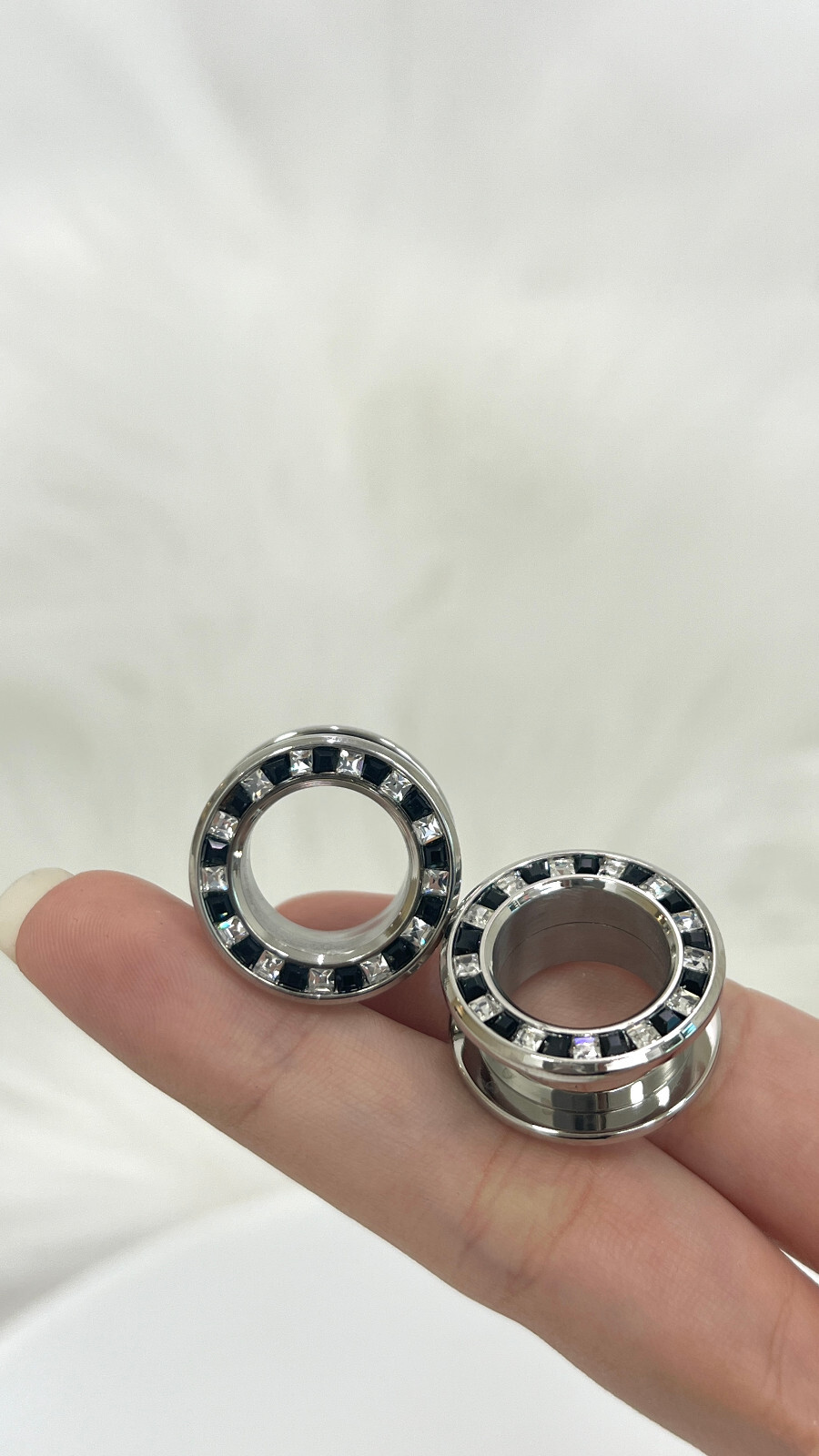 Pressed Rimmed Surgical Steel Black Clear CZ Screw Tunnel Ear Plugs – Sold Pair