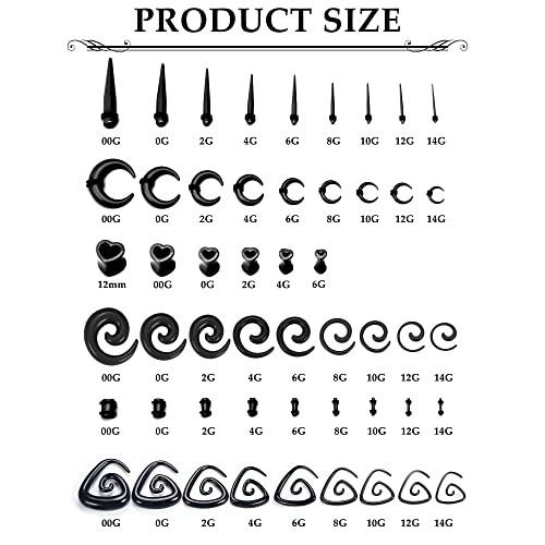 102Pcs Ear Stretching Kit 14G-00G Ear Gauges Expander Set Acrylic Black tone