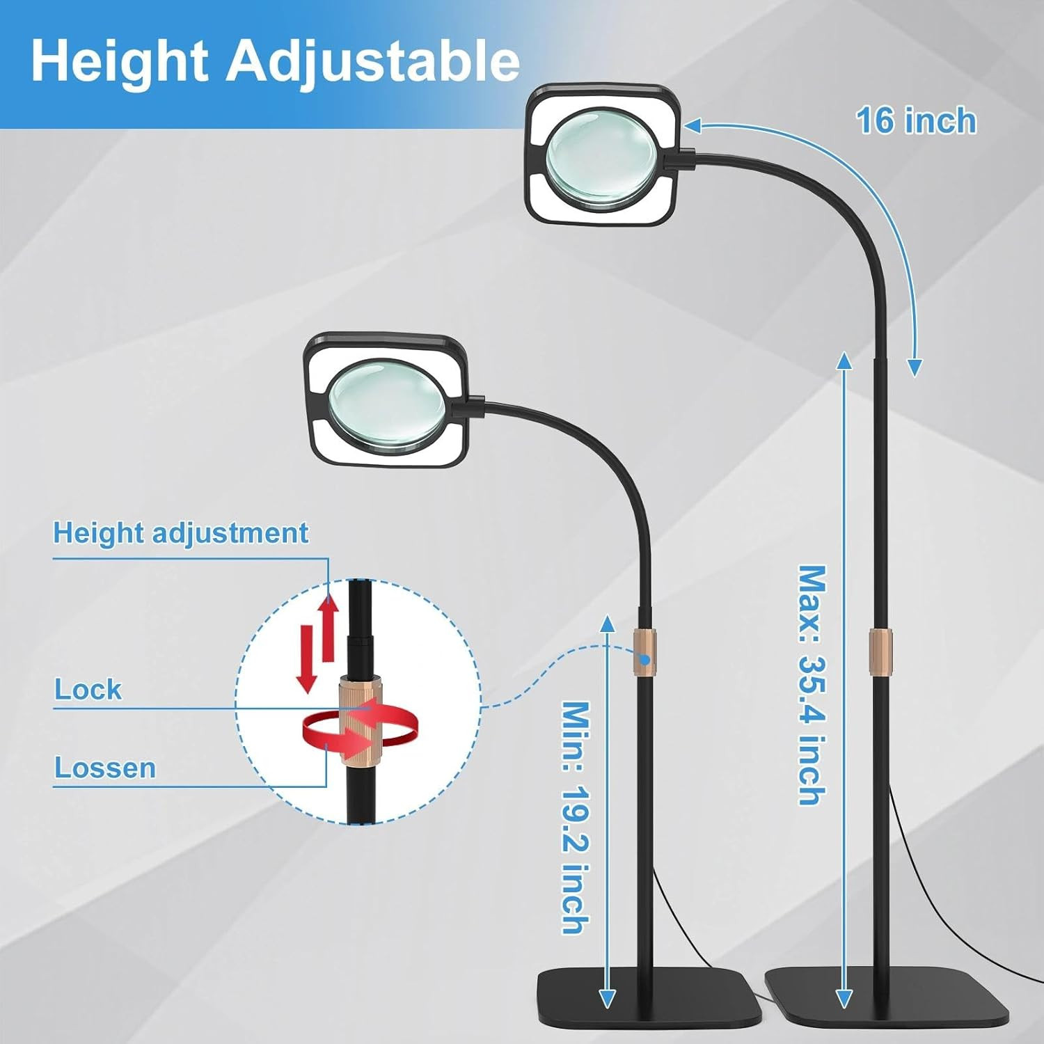 10X Large Floor Magnifying Glass with Light and Stand, 54 LED Flexible Gooseneck