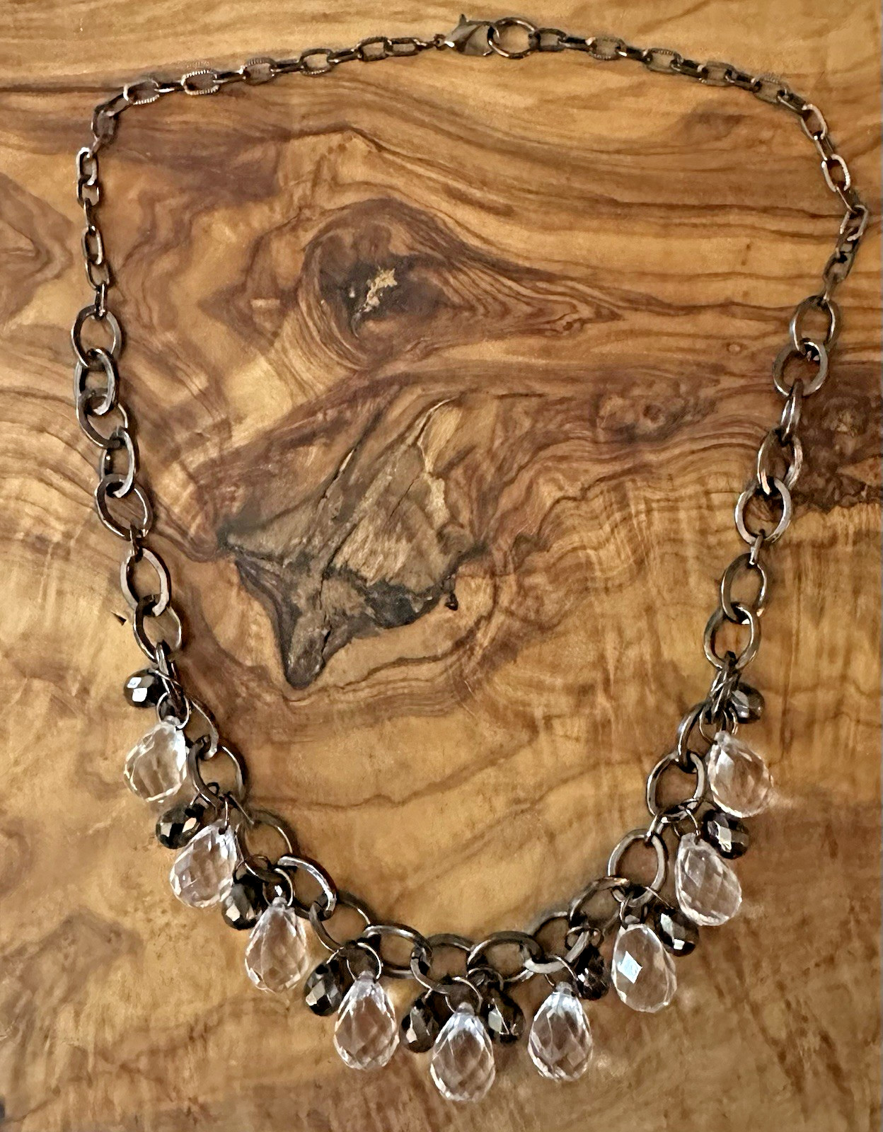 Crystal Teardrop Necklace Dangle Chain 18” Gun Metal Tone Chain Statement Chic
