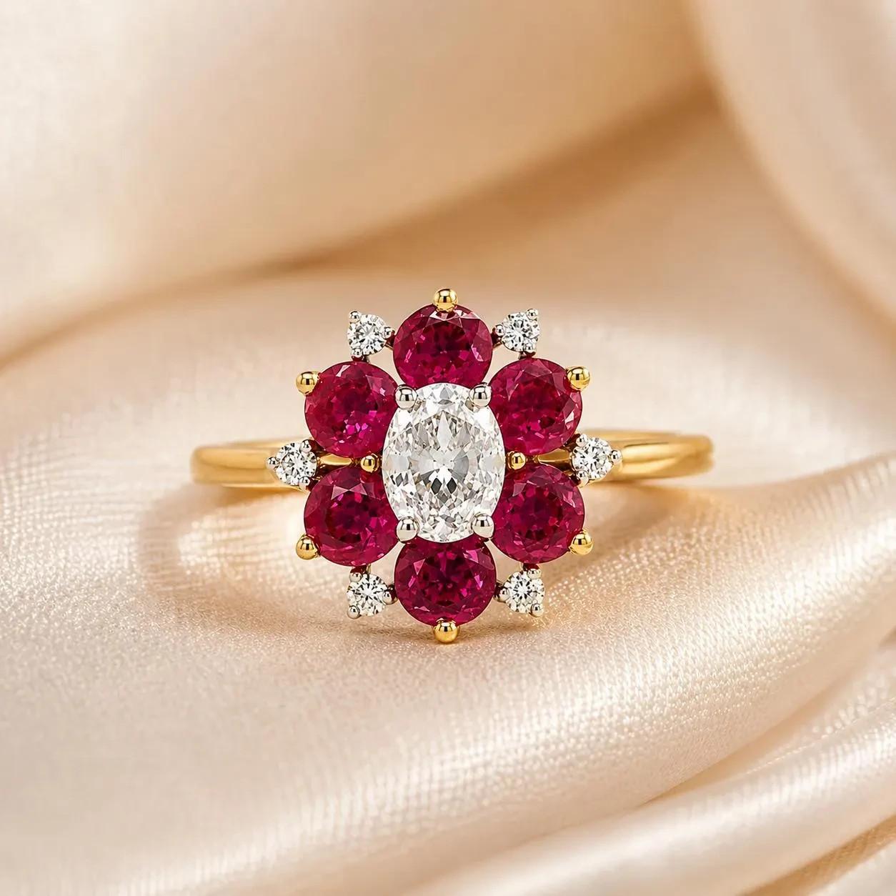 Natural Mined Diamond and Pink Sapphire Floral Halo Bridal Cocktail Ring – 14KT