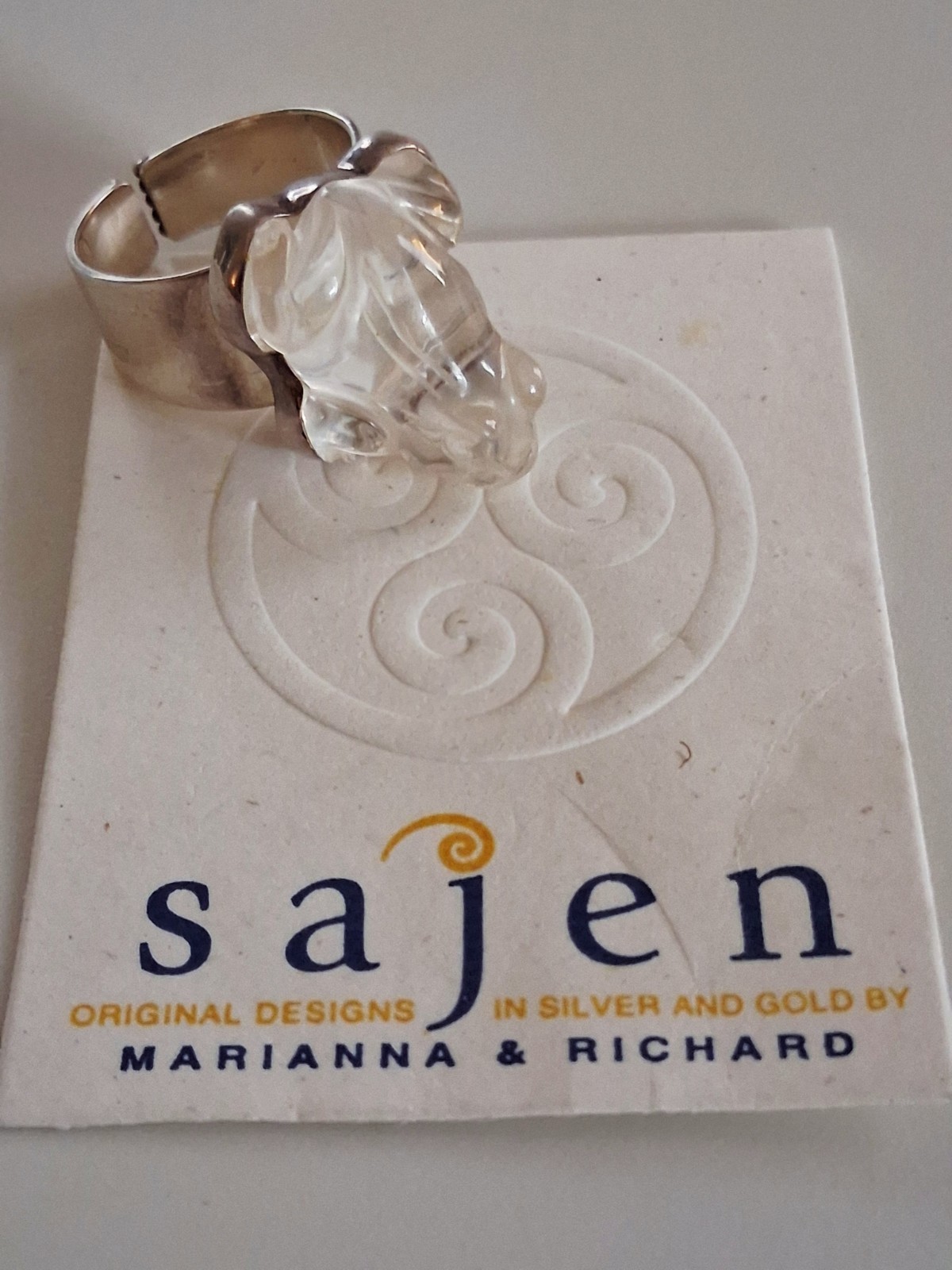 Hand Carved Rock Crystal Quartz Frog Statement Ring Size 10 Sterling Silver NIB