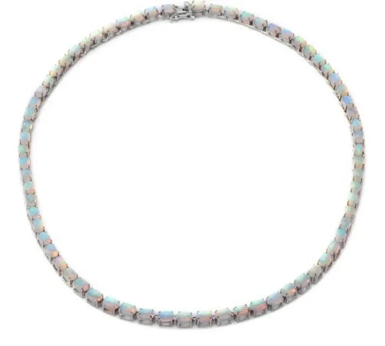 15CT Oval Cut Lab Created Fire Opal Women Tennis Necklace 14K White Gold Plated