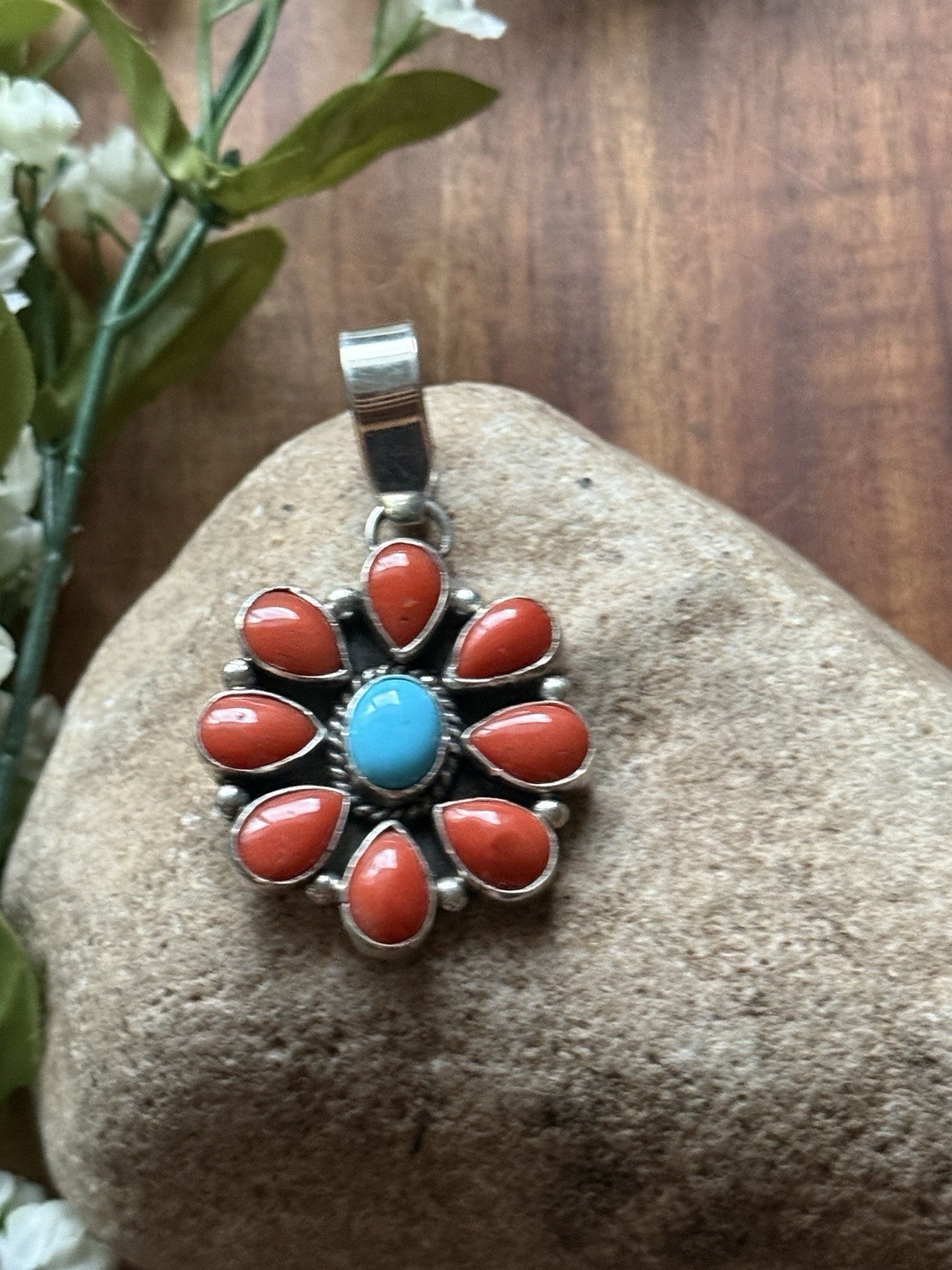 Navajo Sterling Silver Red Coral Turquoise Cluster Pendant LY
