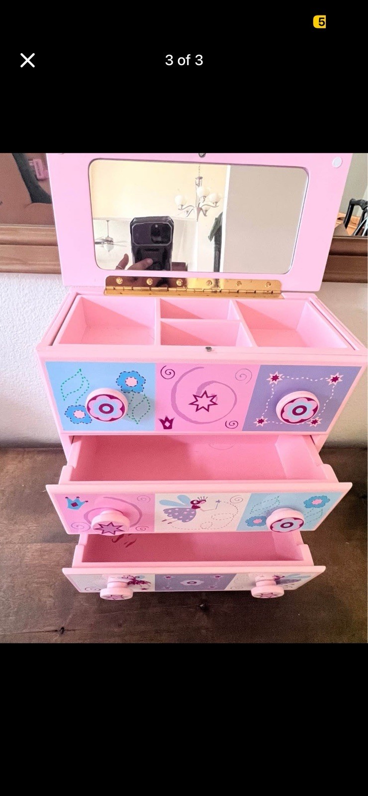 Pink Wood Princess Jewelry Box w/ Mirror, 3 Drawers & Compartments