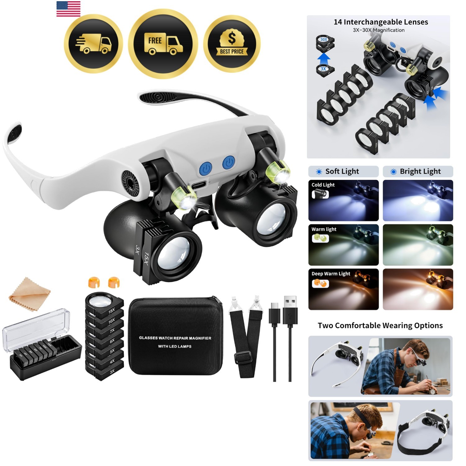 Magnifying Glasses with LED Light, Hands Free Magnifier with 14 Interchangeab…