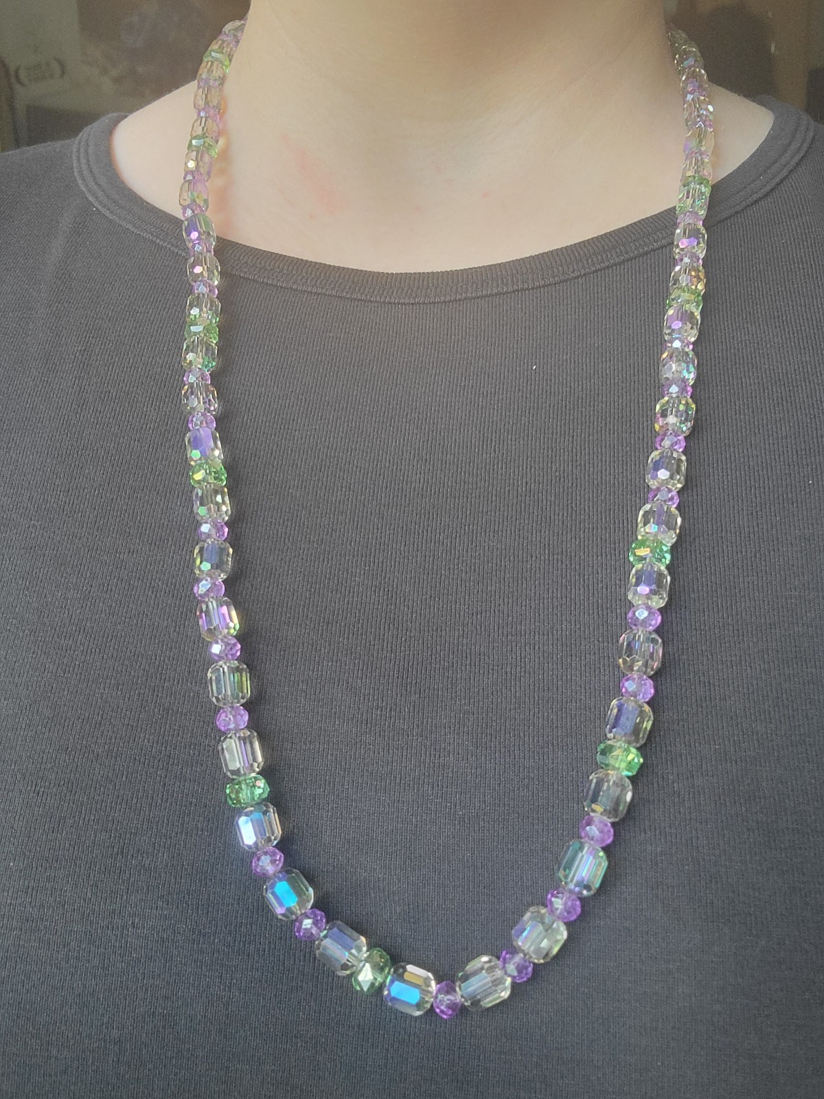 Iridescent Genuine Crystal Beaded Necklace in Purple & Green Artisan Handmade