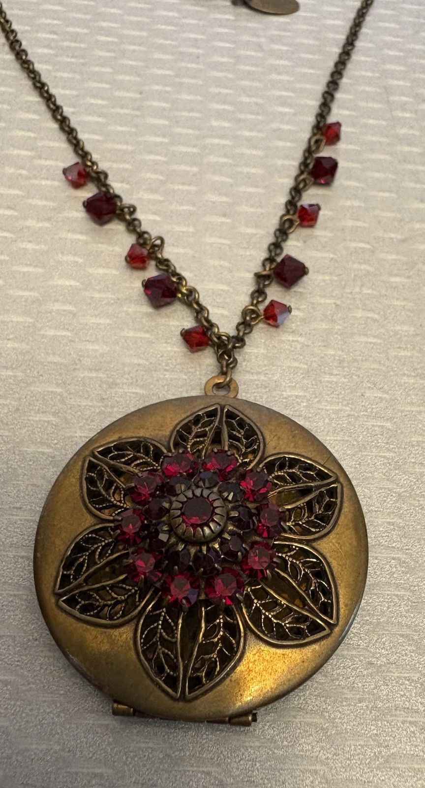 Liz Palacios SF Perfume Locket Necklace Brass Red Jeweled Filigree Scent Pendant