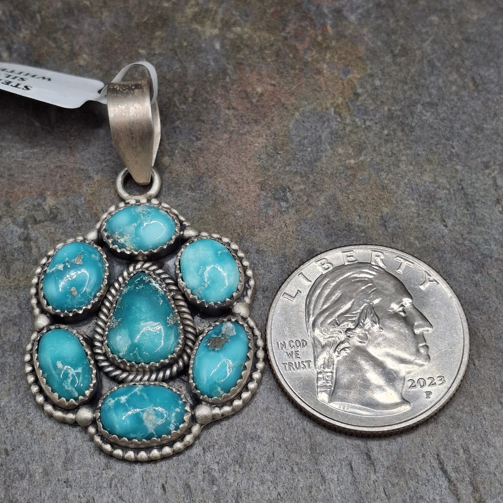 Larger White Water Turquoise Cluster Pendant Sterling Silver 925 Southwestern