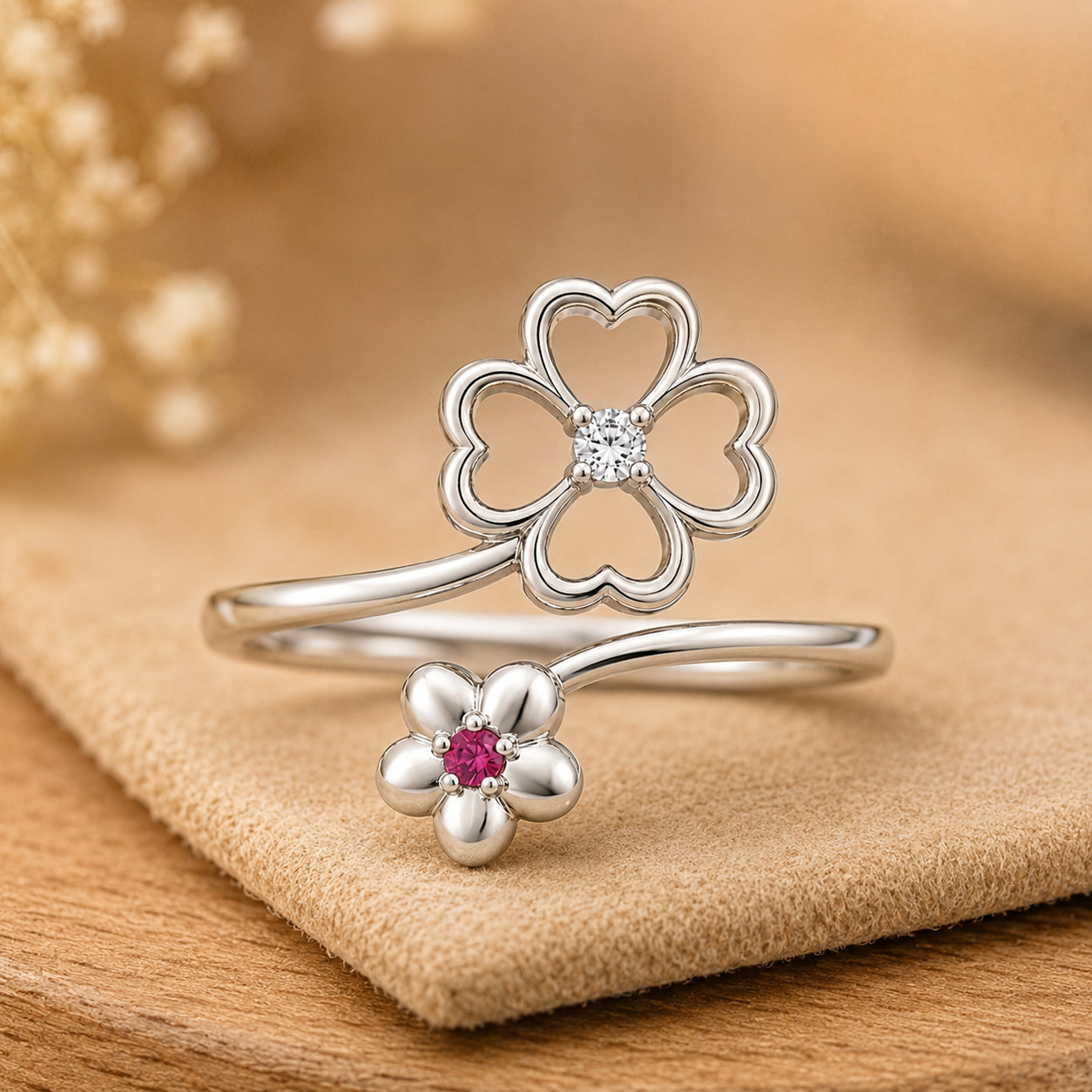925 Sterling Silver Floral CZ Adjustable Ring Open Flower Wrap Women Jewelry