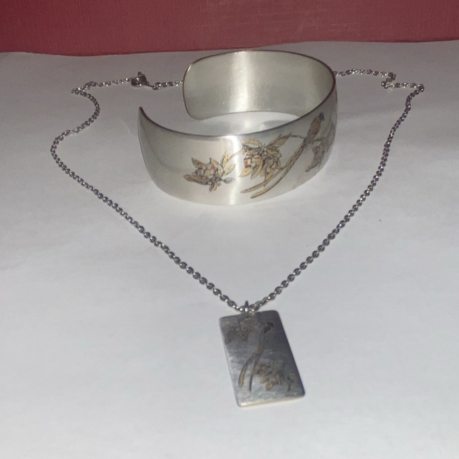 Vintage Reed & Barton Damascene Bird & Floral Cuff Bracelet & Pendant Necklace