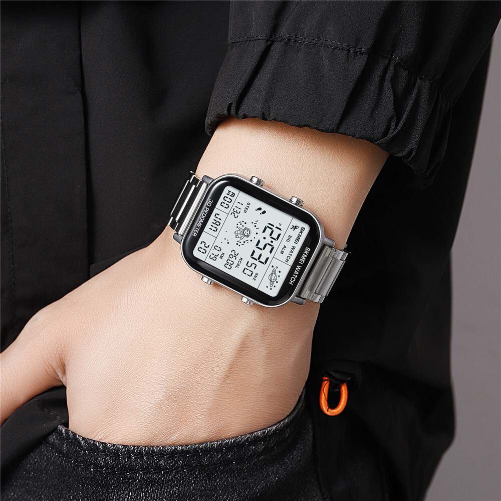NEW Men Watch Rectangle Digital Wristwatch Full Steel Electronic Digital Watch