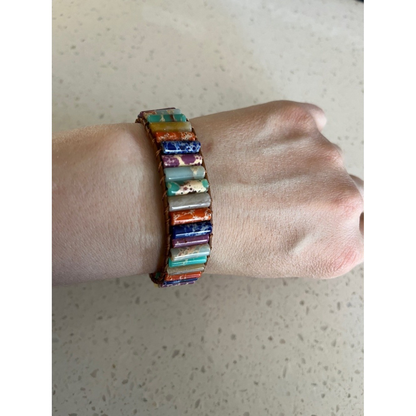 Bohemian cylindrical multicolor Stone Beaded Braided Pu Leather Bracelet