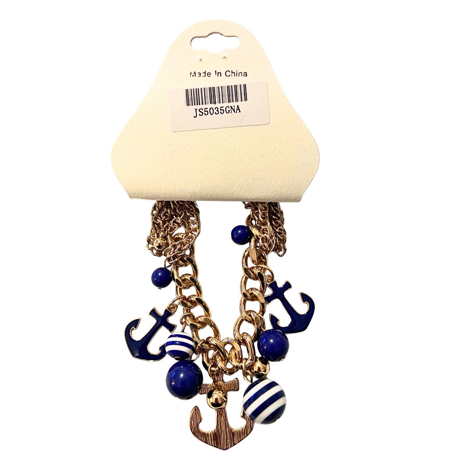 Nautical Anchor Blue White Beaded Charm Gold Tone Necklace Drop Earrings Set New