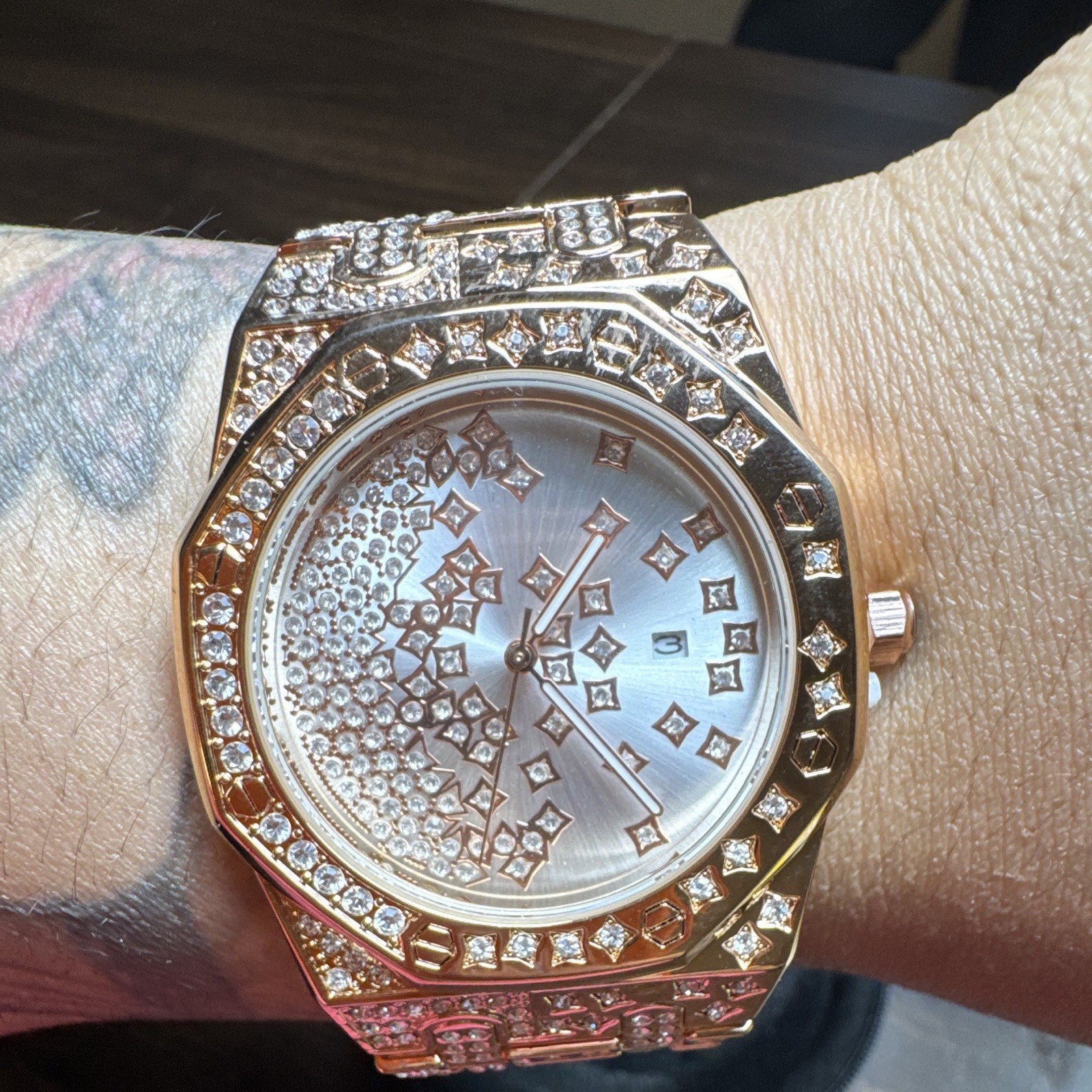 Ice Ghost Daytona Quartz Gold Tone Octagon Diamond Bezel Bracelet Date