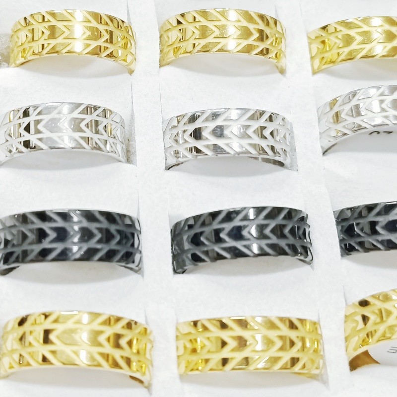 36 Pcs 8mm Tire Tread Pattern Stainless Steel Rings 3 Tone Unisex Comfort Fit