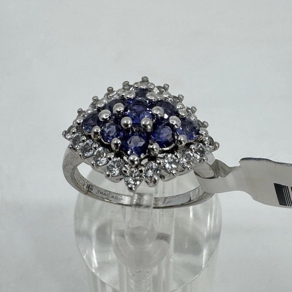 Sterling Silver 1.1ctw Iolite & 0.84tcw White Topaz Cluster Ring NOS W/ Box Sz 8