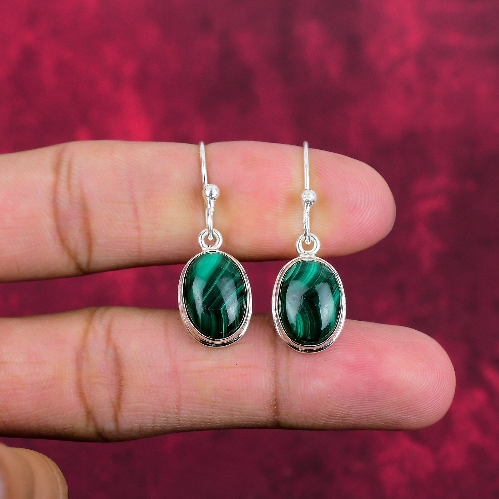 Beautiful Malachite Gemstone Handmade 925 Sterling Silver Earrings Jewelry