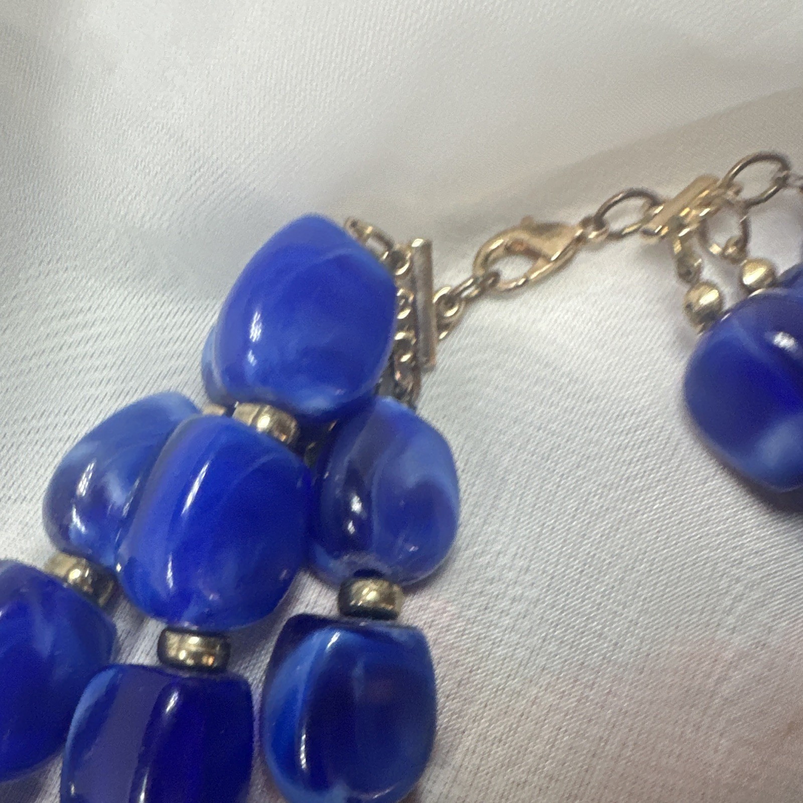 Blue Glass Beaded Multi-Strand Necklace, Silver Tone, Adjustable Lobster Clasp