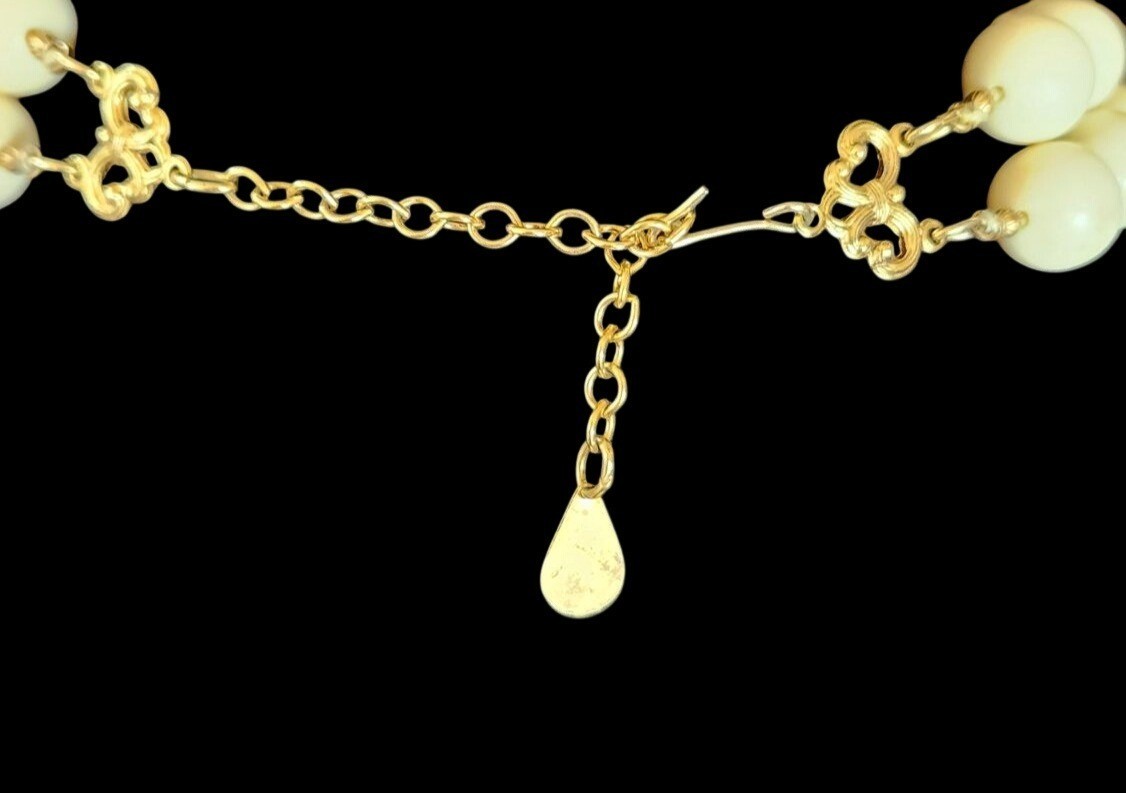 Vintage Asian Dragon Necklace Gold Tone Double Strand Bead Statement Bib Cream B