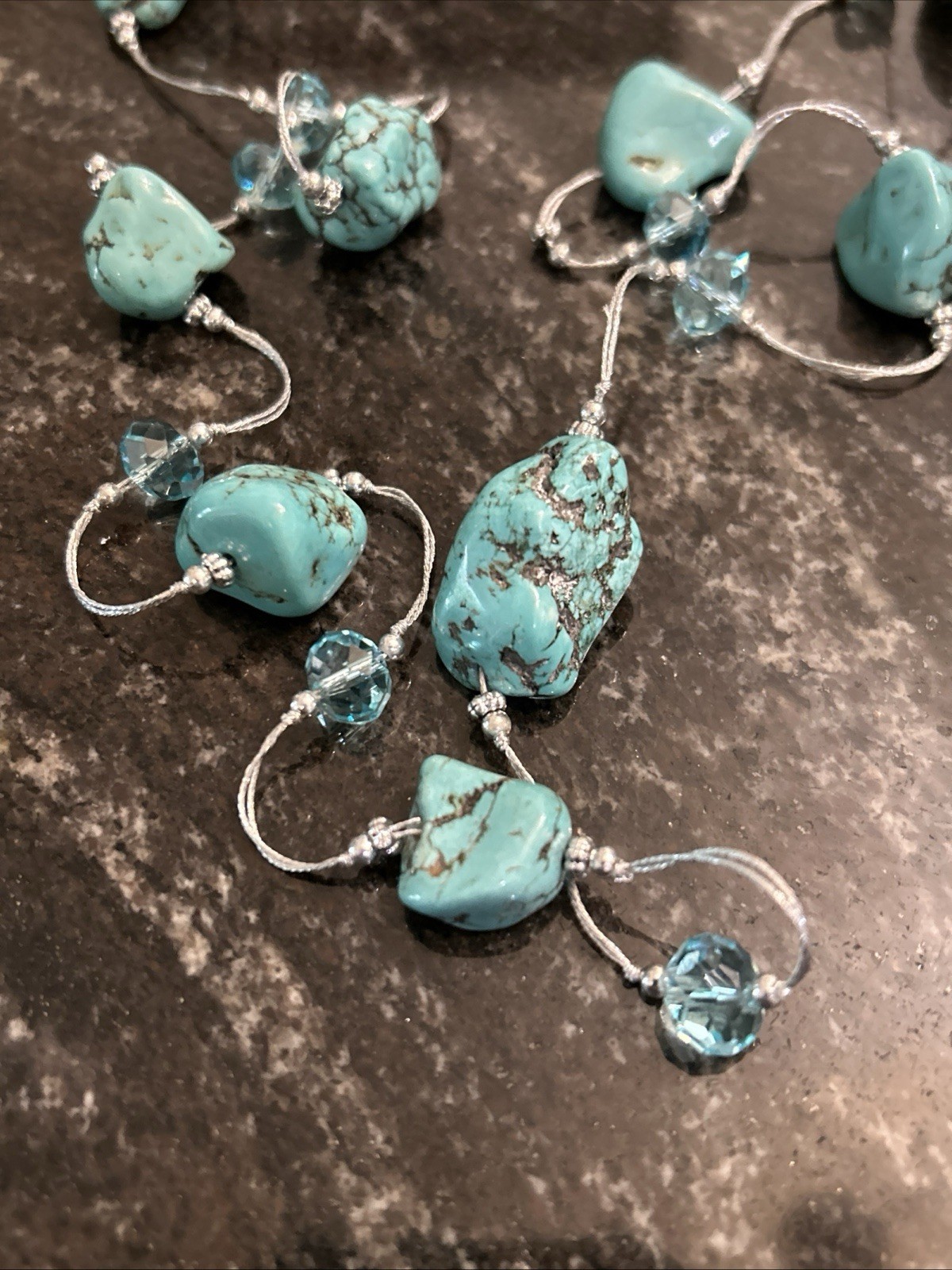 Boutique Turquoise Nuggets w/Crystal Beads Spun Silver Chain Necklace 56” 98.8g