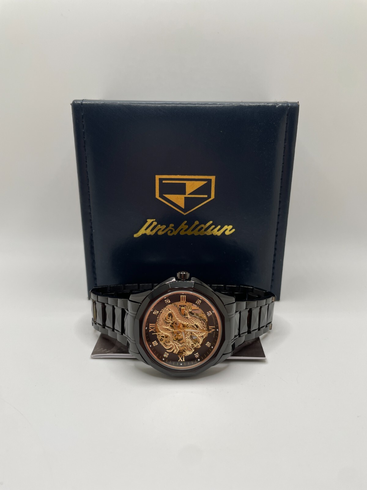 Jsdun 8840 Mens Black Band Gold Dial Luxury Wristwatch With User Manual