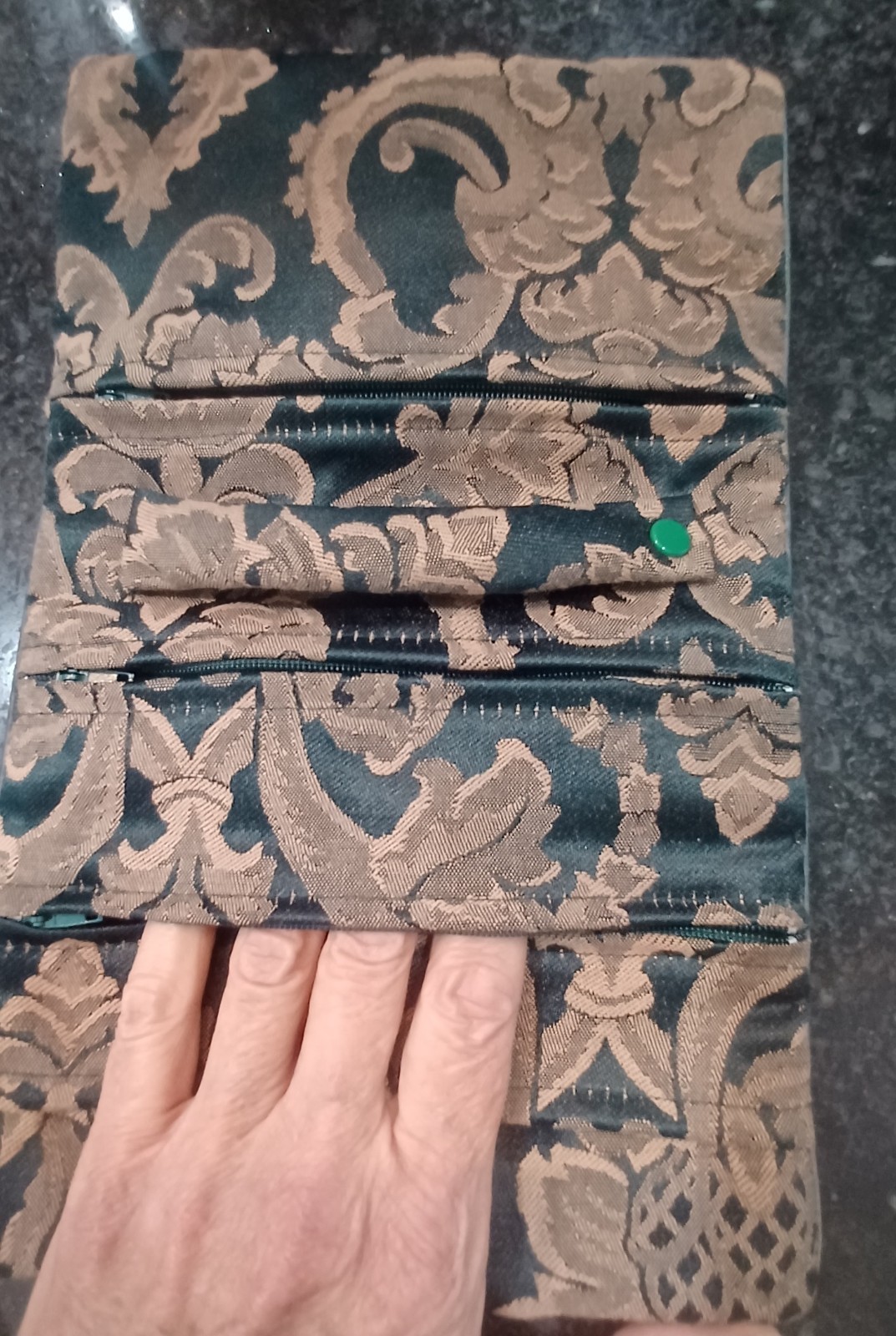 Vintage New Jewelry Roll, Travel Jewelry Roll Bag, Damask Green and Tan