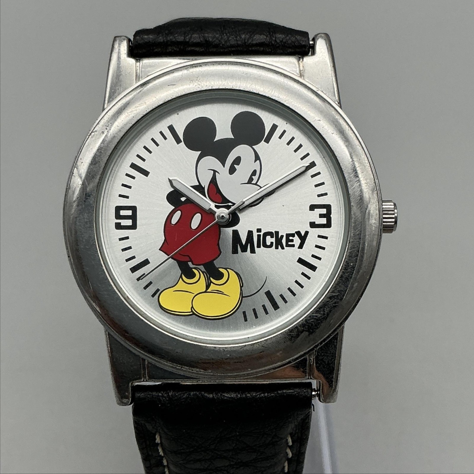 Disney Mens Watch 38mm Mickey Mouse Dial Black Strap Silver Tone New Battery