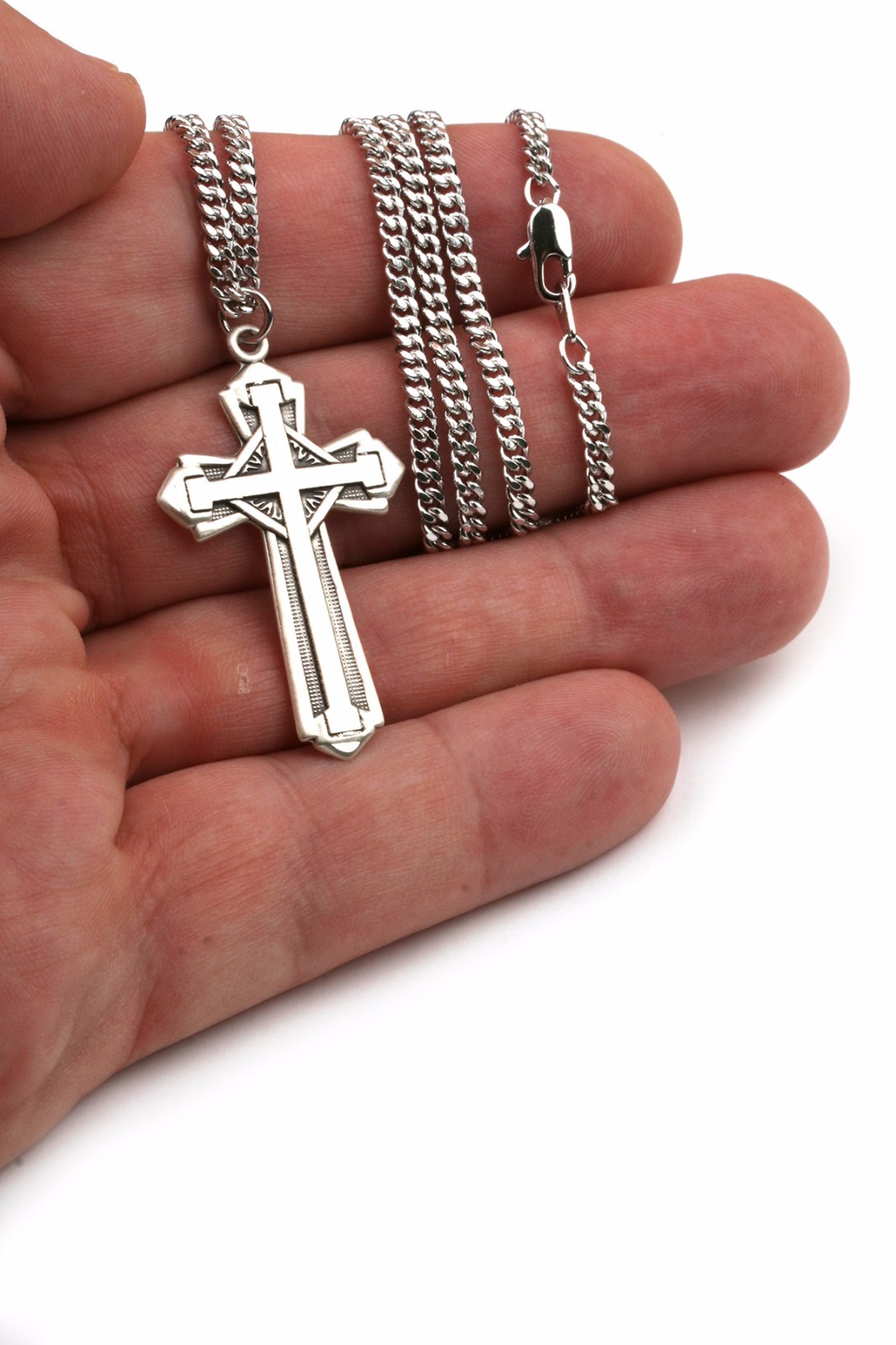Men’s 925 Sterling Silver Cross 1 5/8 x 7/8 Pendant Religious Necklace 24 Chain