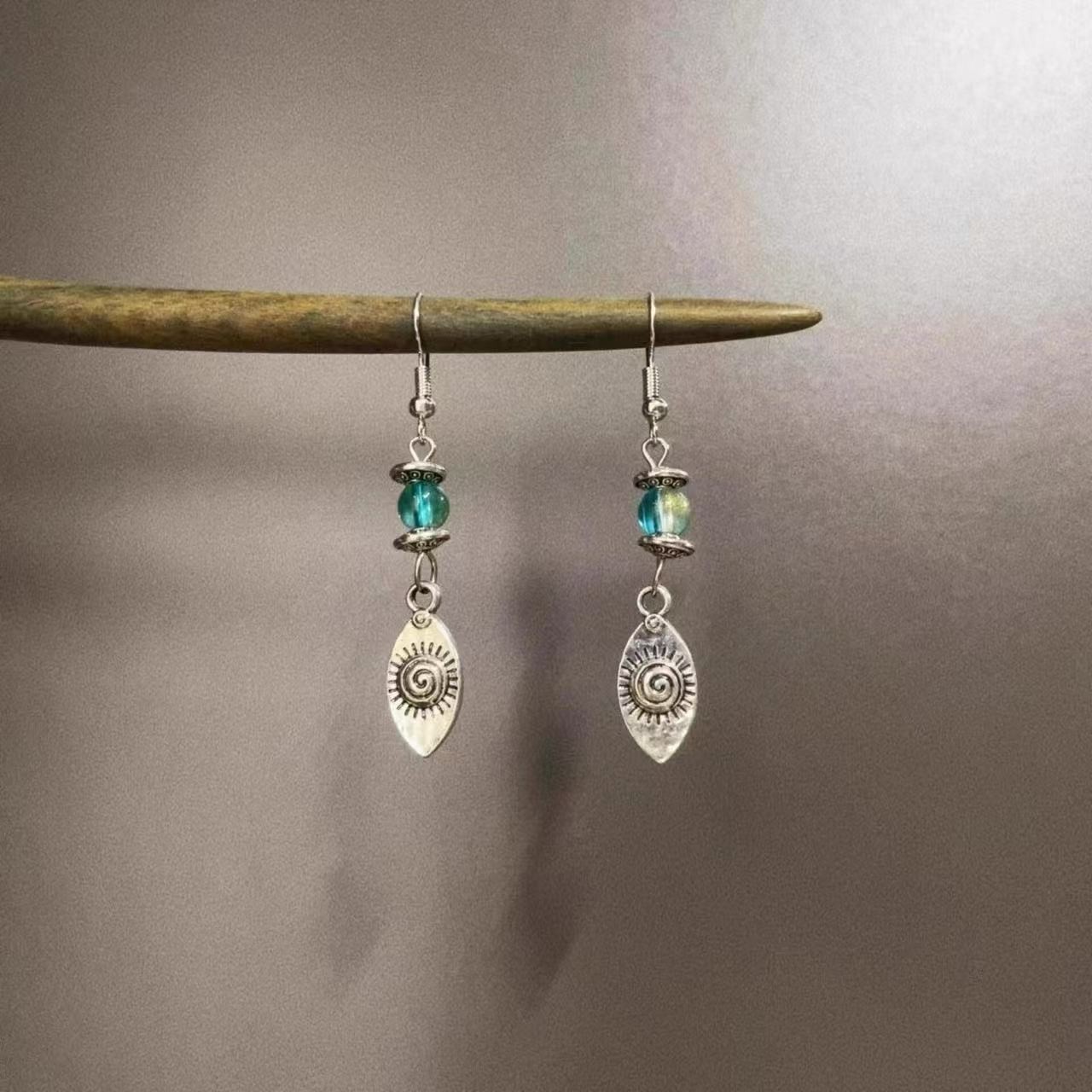 Boho Sun Spiral Turquoise Bead Dangle Earrings