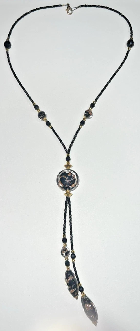 Vintage Venetian Murano Art Glass Beaded Black and Gold Necklace 18″ LARIAT