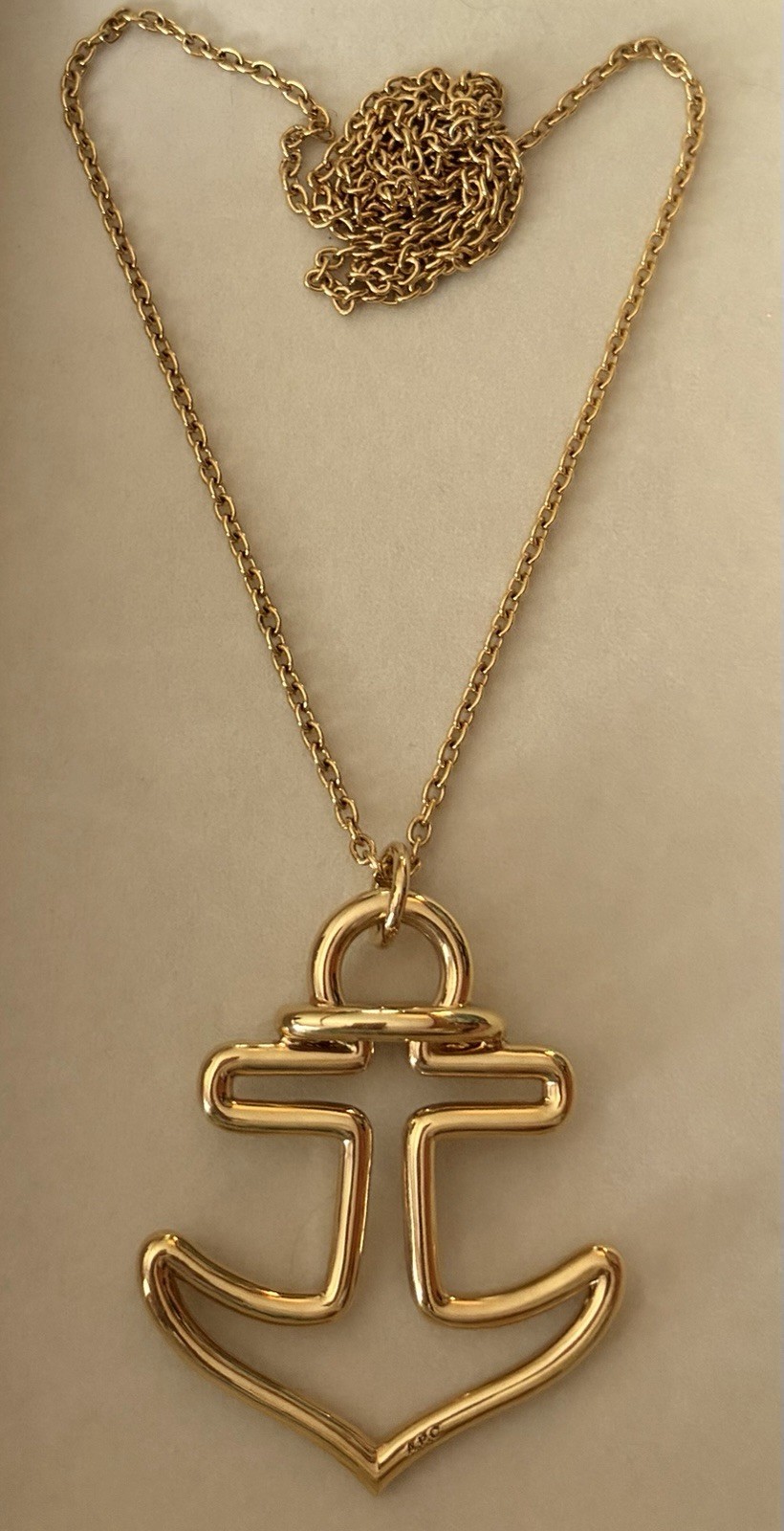 A.P.C. Gold Long Ancre Necklace Stylized Anchor Pendant Nautical Designer APC