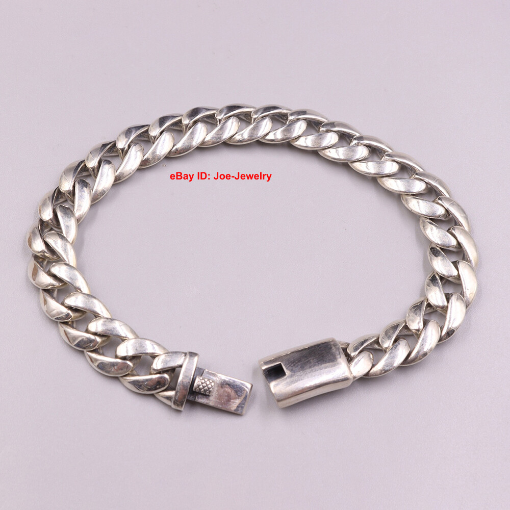 Real 925 Sterling Silver Bracelet 10mm Curb Cuban Link Chain Men Women 8.26inch