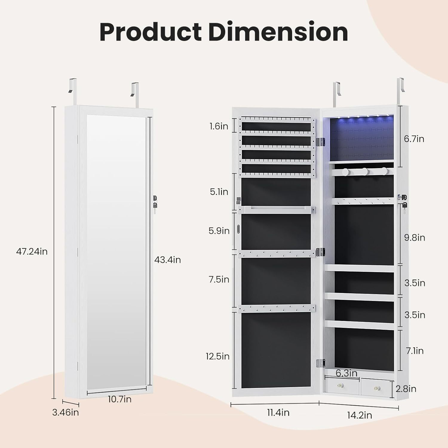 Full-Length Mirror Jewelry Cabinet Wall Door Mount Organizer Lockable Storage
