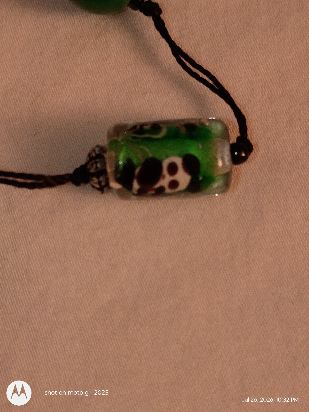 Vintage Green Glass Beaded Necklace Black Cord Chain Approx. 29-30 in