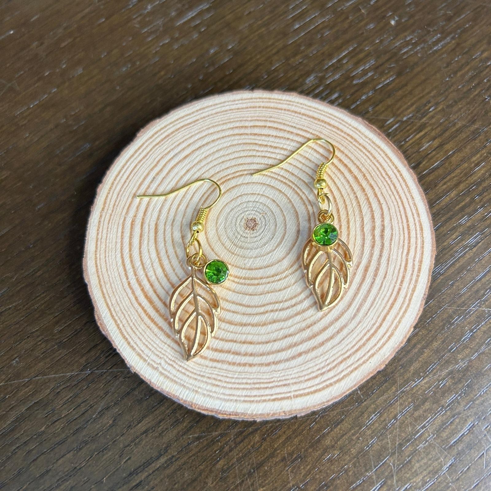 Gold Leaf Dangle Earrings with Green Rhinestone Accent Cute Fashion