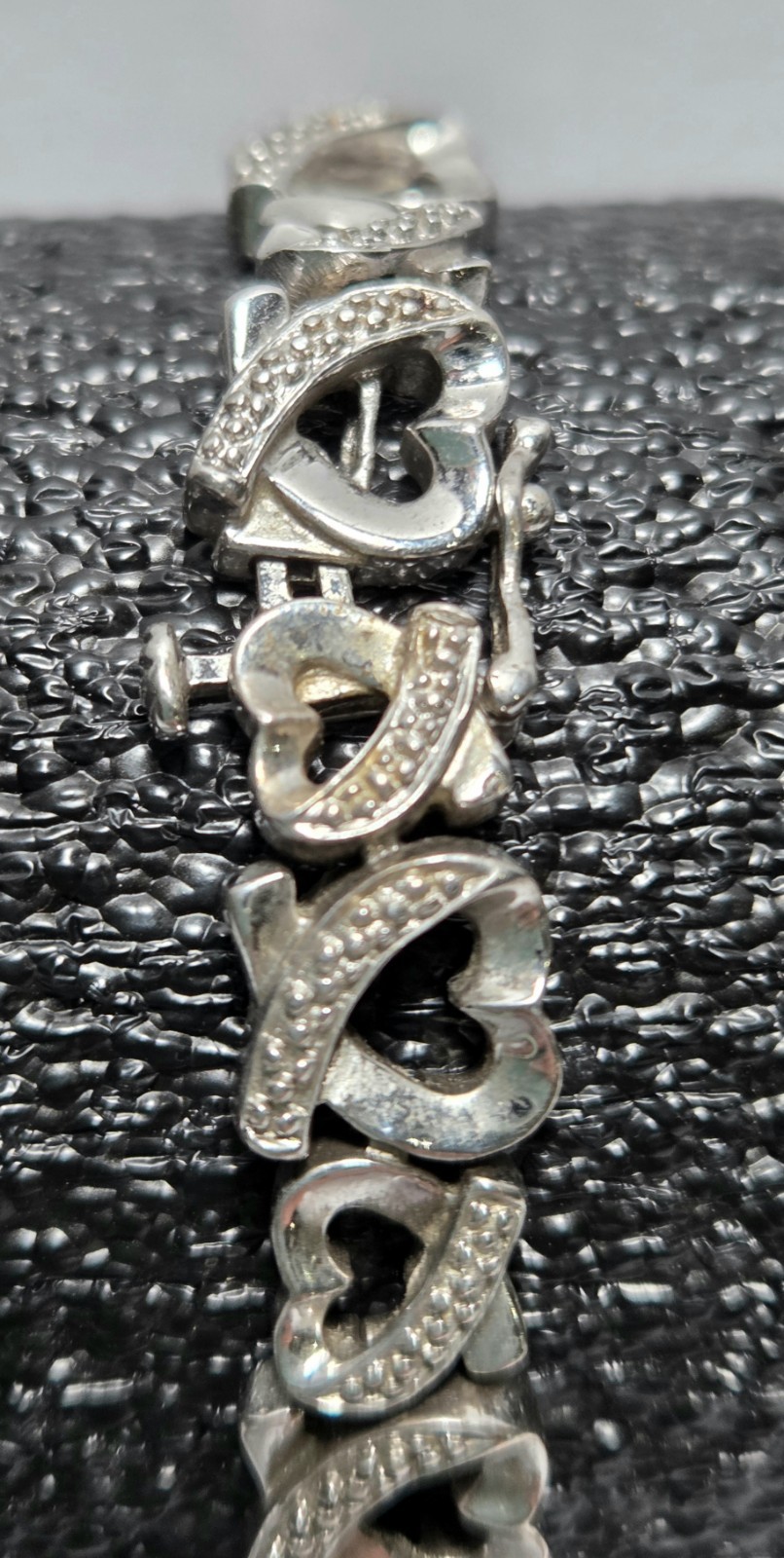 Vintage 925 Sterling Silver Diamond Accents Heart Link Tennis Bracelet 7¼”