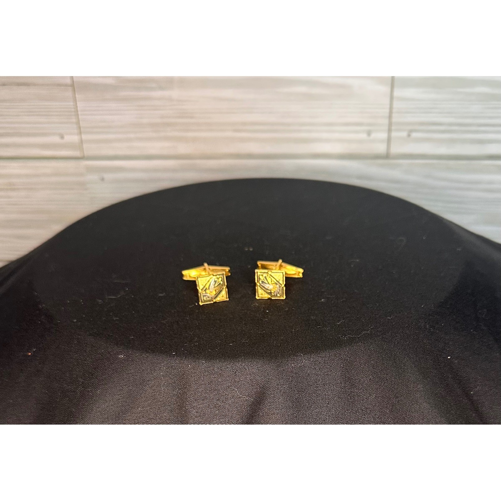 Spanish Damascene Vintage Gold Tone & Black Cufflinks Etched Bird/Floral Motif