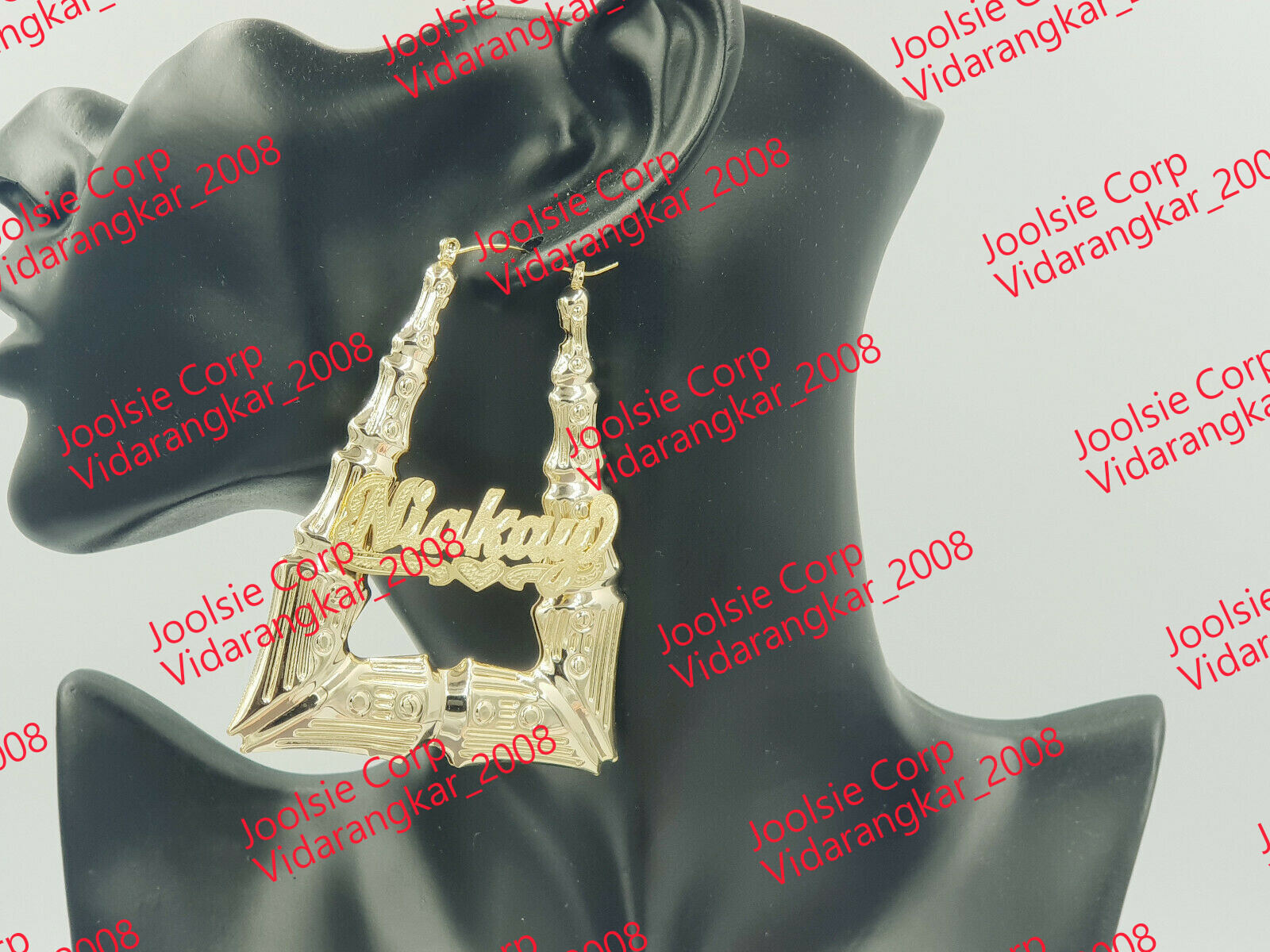PERSONALIZED 14K GP 3″ (LARGE) TRIANGLE BAMBOO DOOR KNOCKERS ANY NAME EARRINGS