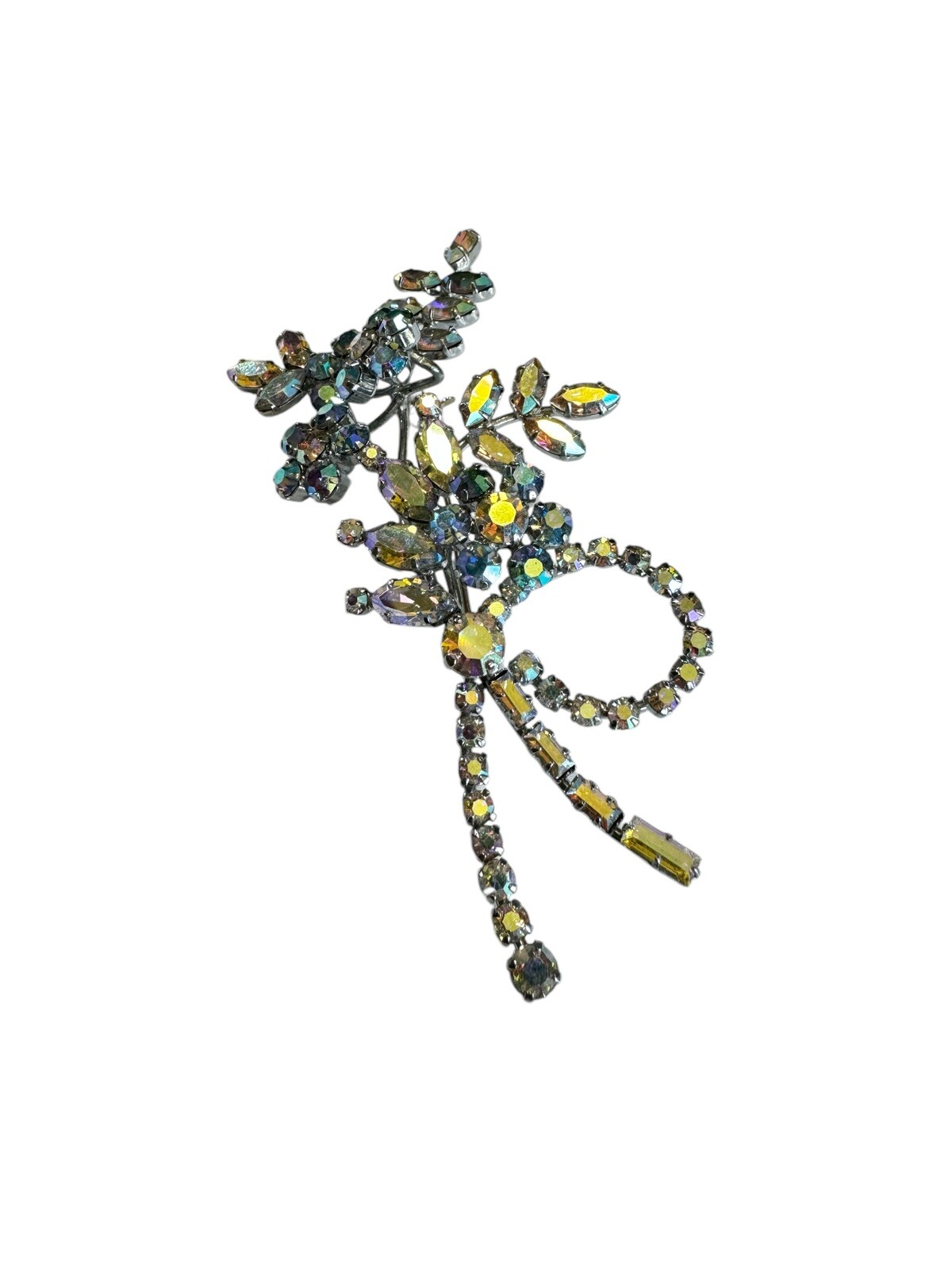 Vintage Unsigned Sherman ? AB Rhinestone Floral Brooch Pin 3-3/4”