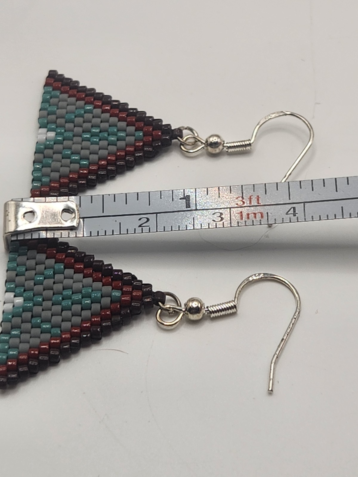 Handmade Peyote Seed Bead Triangle Dangle Earrings Sterling Silver 925 Hooks